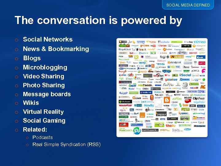 SOCIAL MEDIA DEFINED The conversation is powered by o o o Social Networks News