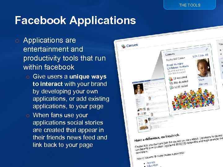 THE TOOLS Facebook Applications o Applications are entertainment and productivity tools that run within