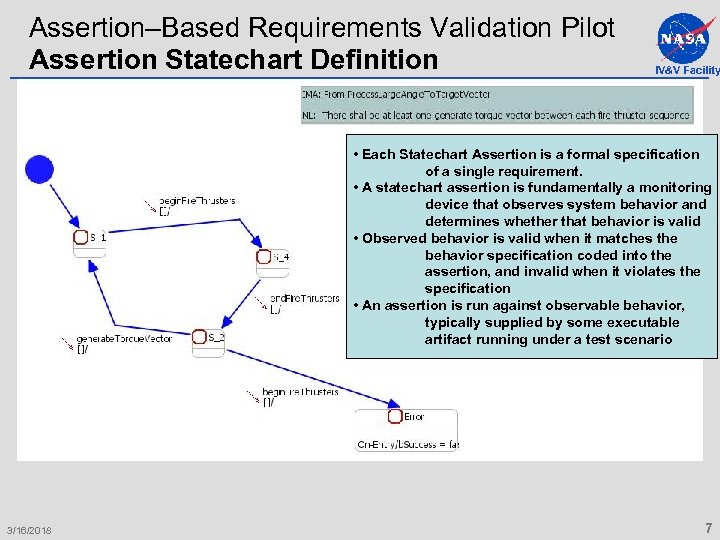Assertion–Based Requirements Validation Pilot Assertion Statechart Definition IV&V Facility • Each Statechart Assertion is
