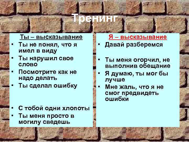 Тренинг • • Ты – высказывание Ты не понял, что я имел в виду