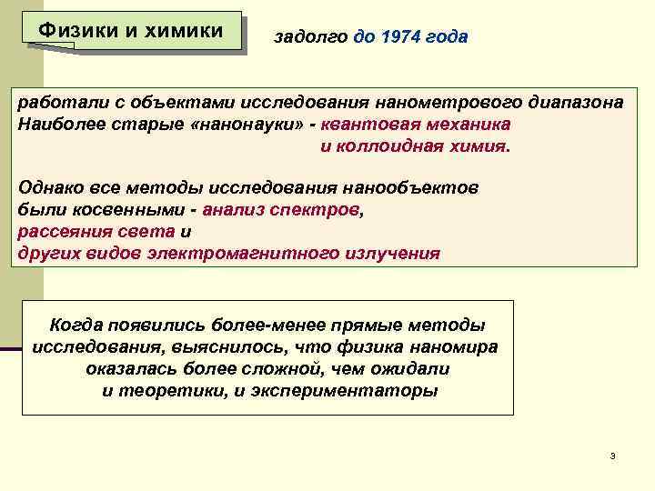 Физики и химики задолго до 1974 года работали с объектами исследования нанометрового диапазона Наиболее