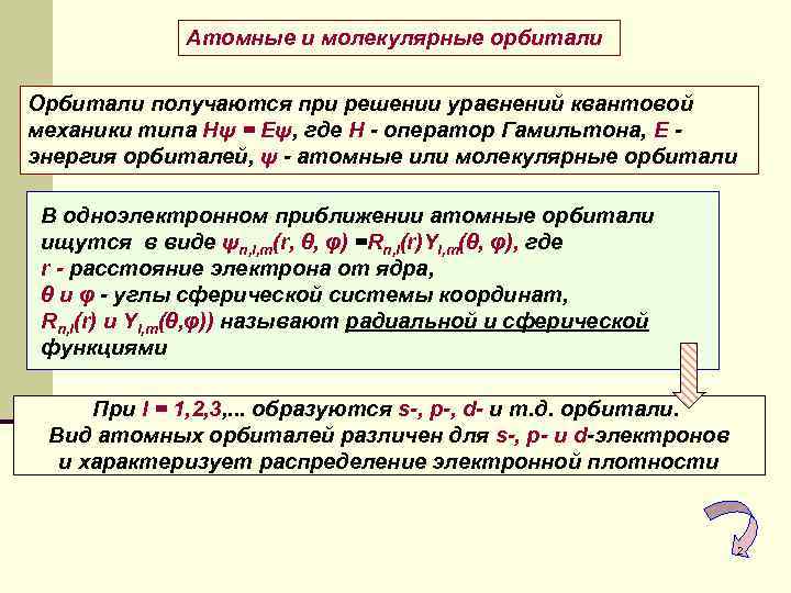 Атомные и молекулярные орбитали Орбитали получаются при решении уравнений квантовой механики типа Hψ =