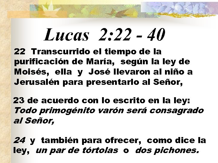 Lucas 2: 22 - 40 22 Transcurrido el tiempo de la purificación de María,