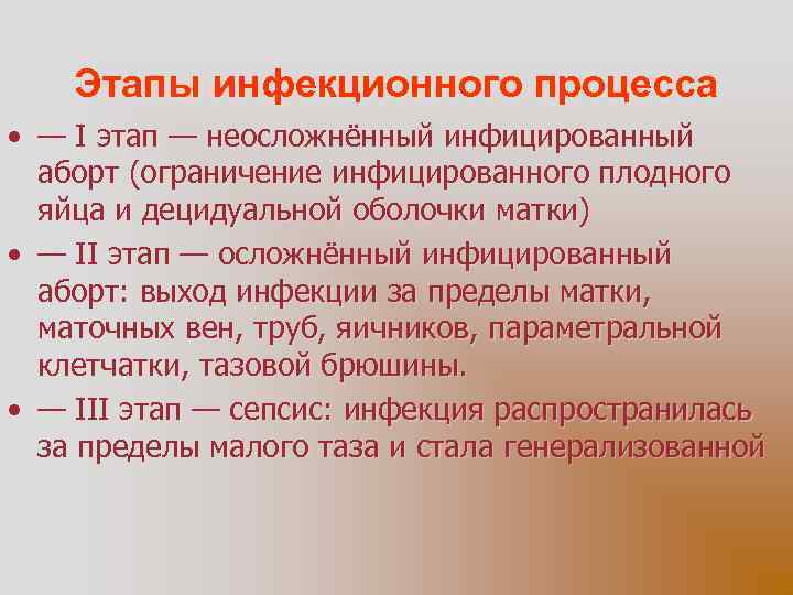 Этапы инфекционного процесса • — I этап — неосложнённый инфицированный аборт (ограничение инфицированного плодного