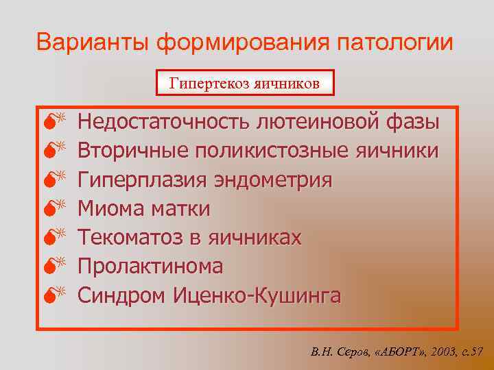 Варианты формирования патологии Гипертекоз яичников M M M M Недостаточность лютеиновой фазы Вторичные поликистозные