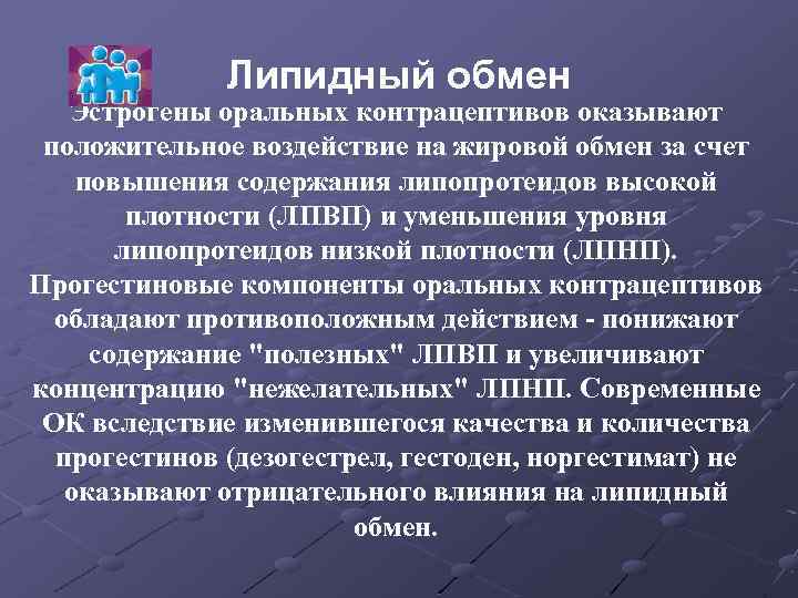 Липидный обмен Эстрогены оральных контрацептивов оказывают положительное воздействие на жировой обмен за счет повышения