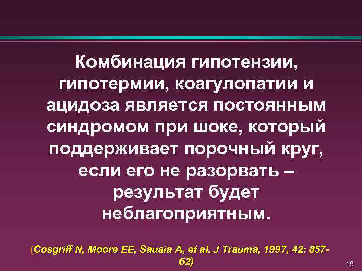 Комбинация гипотензии, гипотермии, коагулопатии и ацидоза является постоянным синдромом при шоке, который поддерживает порочный