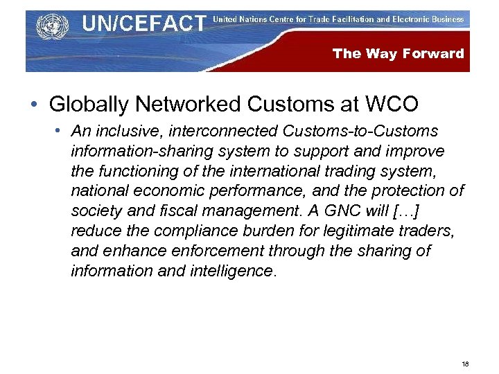 The Way Forward • Globally Networked Customs at WCO • An inclusive, interconnected Customs-to-Customs