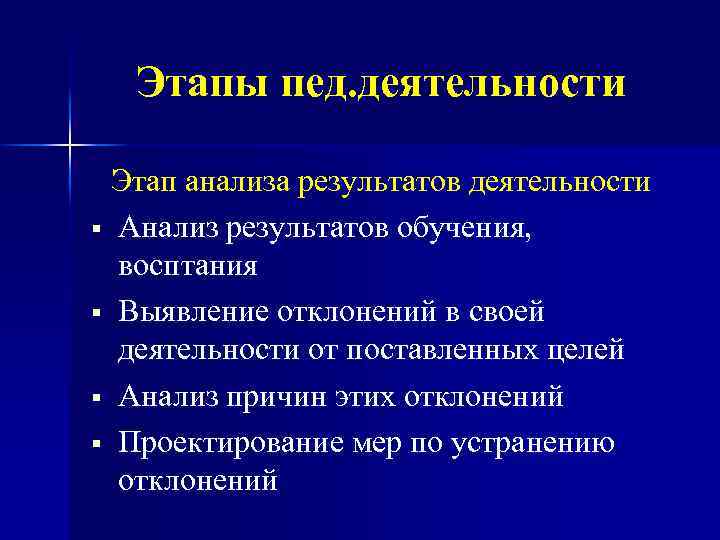 Этапы пед. деятельности Этап анализа результатов деятельности § Анализ результатов обучения, восптания § Выявление