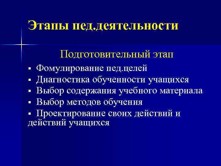 Этапы пед. деятельности Подготовительный этап Фомулирование пед. целей § Диагностика обученности учащихся § Выбор