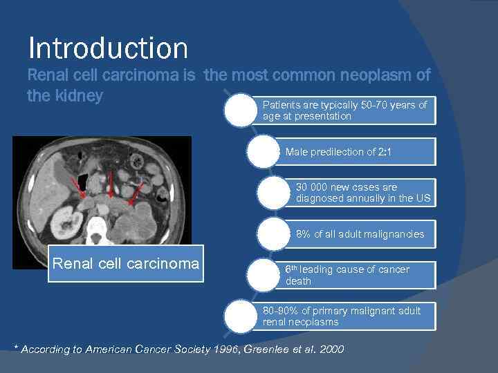 Introduction Renal cell carcinoma is the most common neoplasm of the kidney Patients are