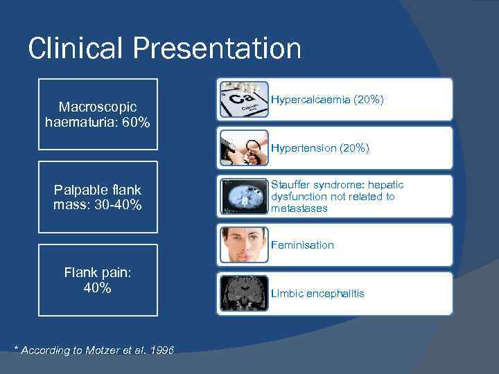 Clinical Presentation Macroscopic haematuria: 60% Hypercalcaemia (20%) Hypertension (20%) Palpable flank mass: 30 -40%
