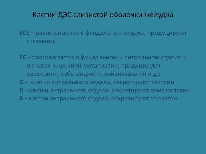Клетки ДЭС слизистой оболочки желудка ECL – располагаются в фундальном отделе, продуцируют гистамин, EC
