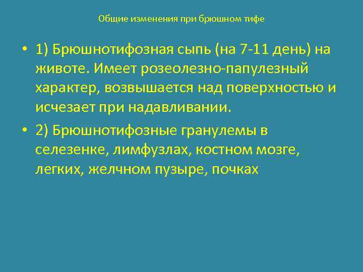 Общие изменения при брюшном тифе • 1) Брюшнотифозная сыпь (на 7 -11 день) на