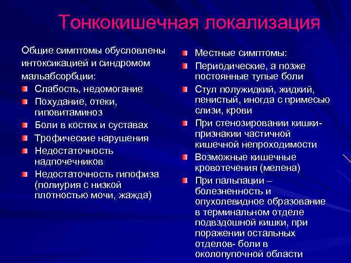 Тонкокишечная локализация Общие симптомы обусловлены интоксикацией и синдромом мальабсорбции: Слабость, недомогание Похудание, отеки, гиповитаминоз