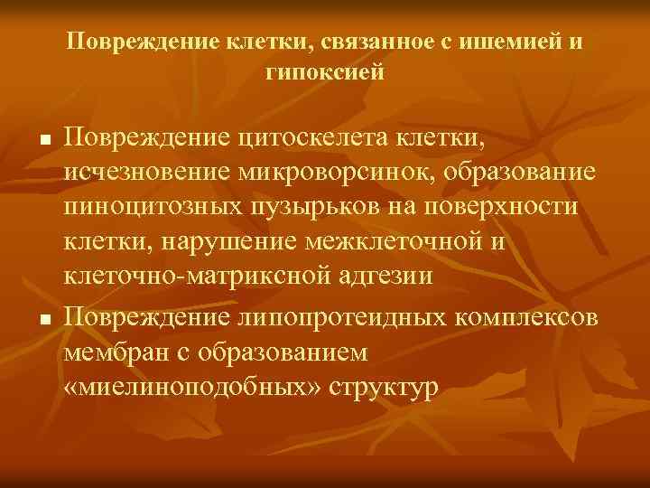 Повреждение клетки, связанное с ишемией и гипоксией n n Повреждение цитоскелета клетки, исчезновение микроворсинок,