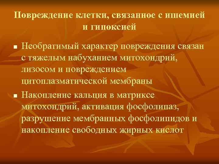 Повреждение клетки, связанное с ишемией и гипоксией n n Необратимый характер повреждения связан с
