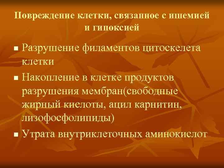 Повреждение клетки, связанное с ишемией и гипоксией Разрушение филаментов цитоскелета клетки n Накопление в