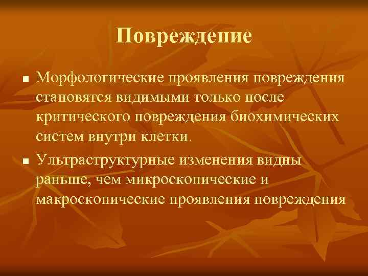 Повреждение n n Морфологические проявления повреждения становятся видимыми только после критического повреждения биохимических систем