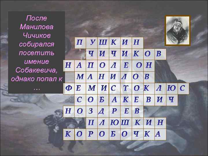 После Манилова Чичиков собирался посетить имение Собакевича, однако попал к … 
