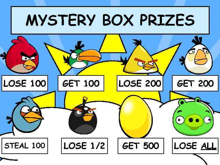 MYSTERY BOX PRIZES LOSE 100 GET 100 STEAL 100 LOSE 1/2 LOSE 200 GET