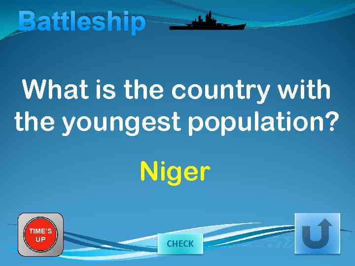 Battleship What is the country with the youngest population? Niger TIME’S UP CHECK 