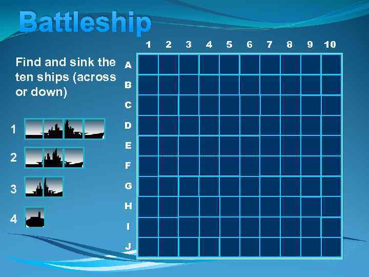 Battleship 1 Find and sink the ten ships (across or down) 1 2 3
