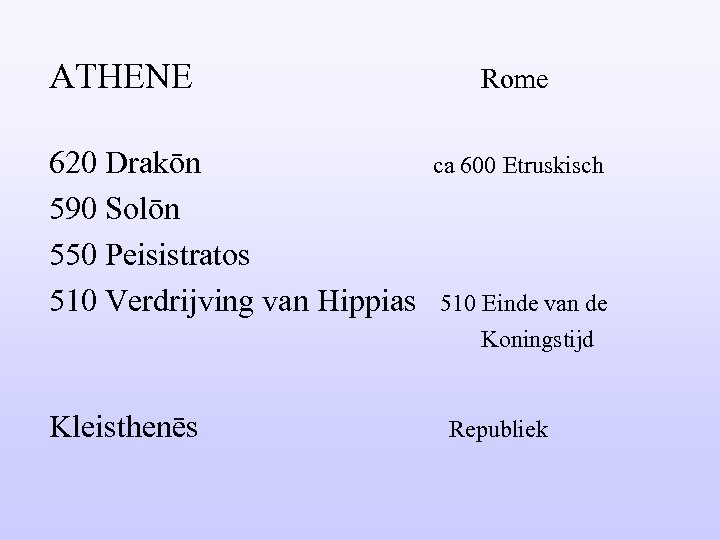ATHENE Rome 620 Drakōn ca 600 Etruskisch 590 Solōn 550 Peisistratos 510 Verdrijving van