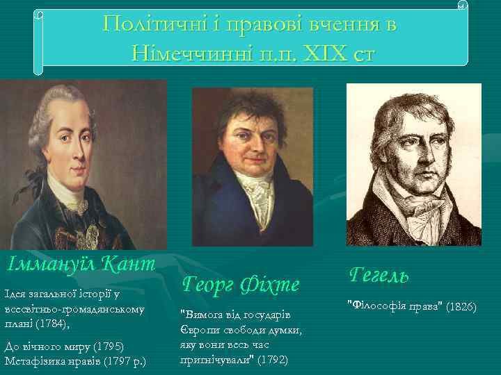 Політичні і правові вчення в Німеччинні п. п. ХІХ ст Іммануїл Кант Ідея загальної