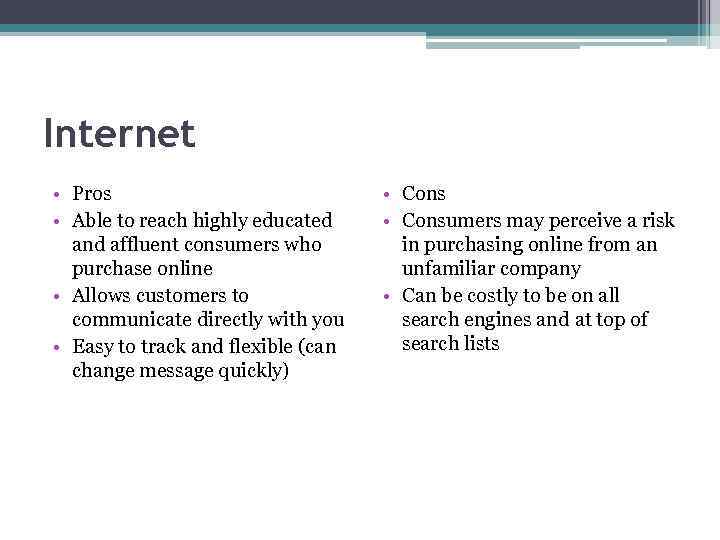 Internet • Pros • Able to reach highly educated and affluent consumers who purchase