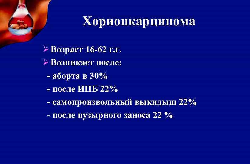 Хорионкарцинома Ø Возраст 16 -62 г. г. Ø Возникает после: - аборта в 30%