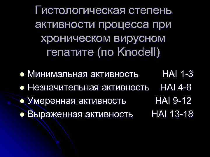 Гистологическая степень активности процесса при хроническом вирусном гепатите (по Knodell) Минимальная активность HAI 1