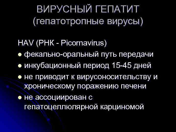 ВИРУСНЫЙ ГЕПАТИТ (гепатотропные вирусы) HAV (РНК - Picornavirus) l фекально-оральный путь передачи l инкубационный