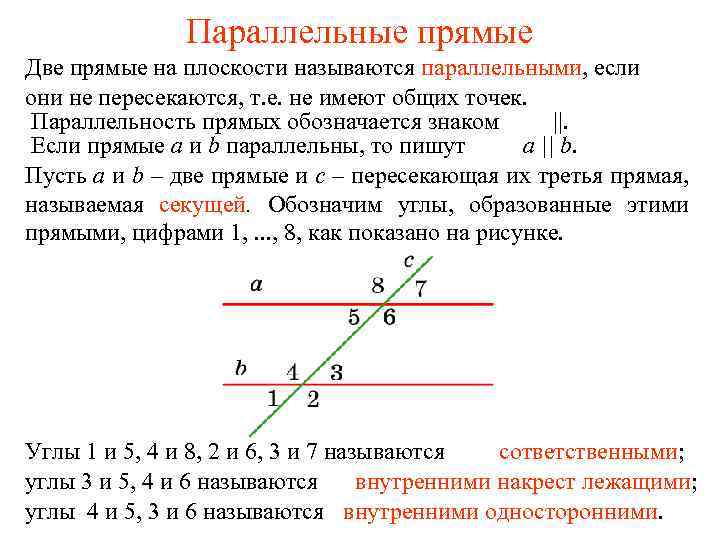 Параллельные прямые Две прямые на плоскости называются параллельными, если они не пересекаются, т. е.