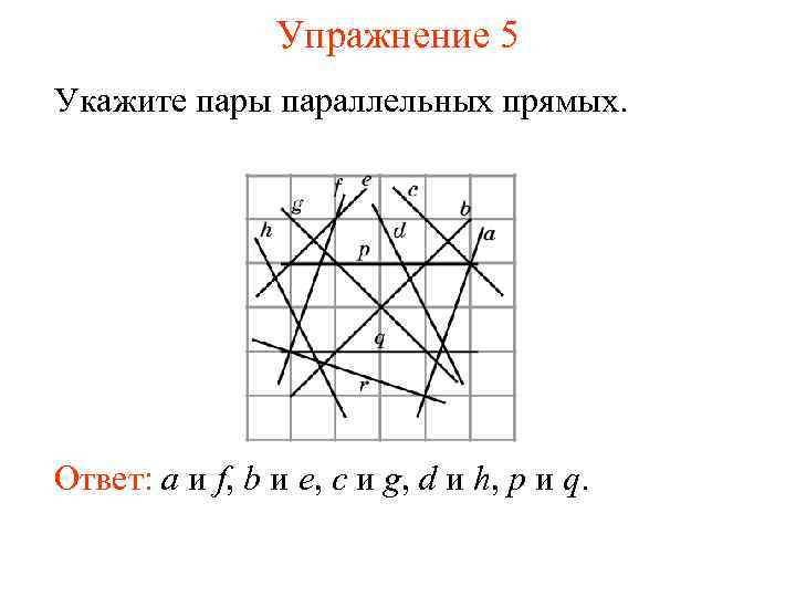 Упражнение 5 Укажите пары параллельных прямых. Ответ: a и f, b и e, c