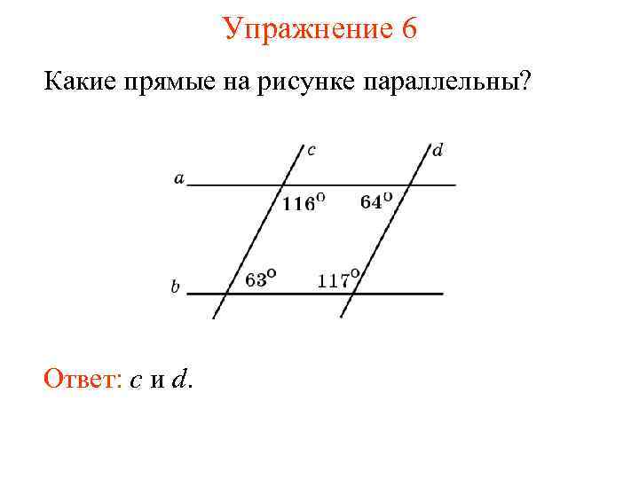 Упражнение 6 Какие прямые на рисунке параллельны? Ответ: c и d. 
