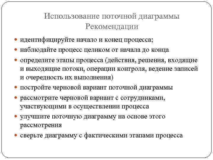 Использование поточной диаграммы Рекомендации идентифицируйте начало и конец процесса; наблюдайте процесс целиком от начала