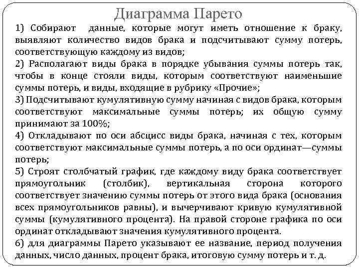 Диаграмма Парето 1) Собирают данные, которые могут иметь отношение к браку, выявляют количество видов