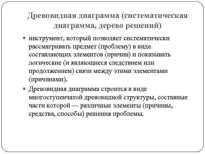 Древовидная диаграмма (систематическая диаграмма, дерево решений) инструмент, который позволяет систематически рассматривать предмет (проблему) в
