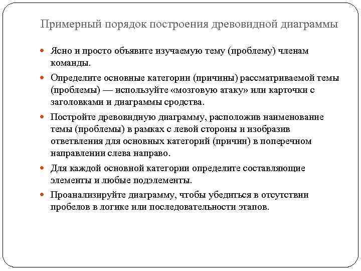 Примерный порядок построения древовидной диаграммы Ясно и просто объявите изучаемую тему (проблему) членам команды.