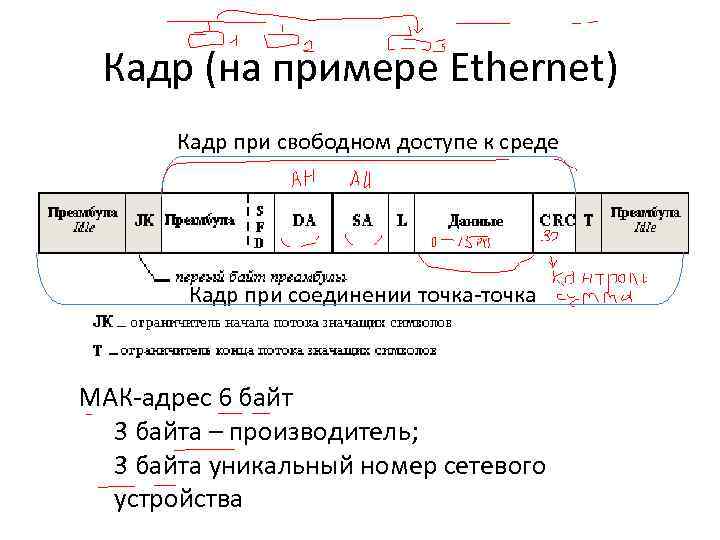Кадр (на примере Ethernet) Кадр при свободном доступе к среде Кадр при соединении точка-точка