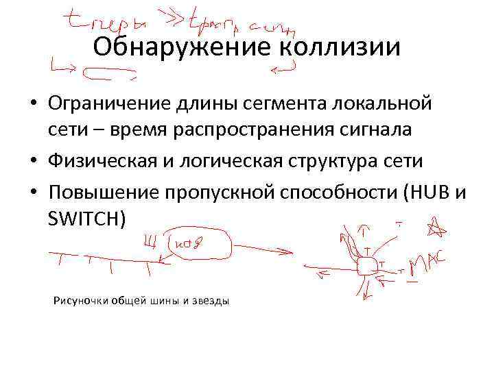 Обнаружение коллизии • Ограничение длины сегмента локальной сети – время распространения сигнала • Физическая