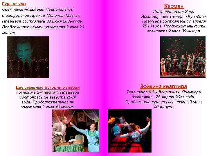 Горе от ума Спектакль-номинант Национальной театральной Премии “Золотая Маска”. Премьера состоялась 08 июня 2009