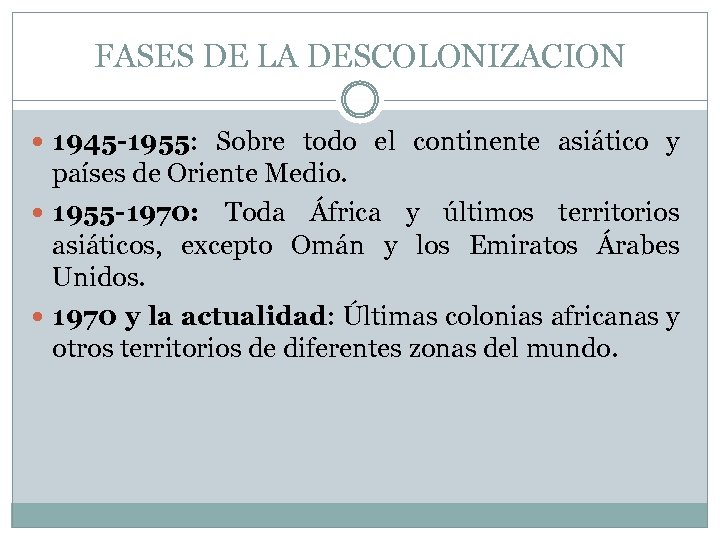 FASES DE LA DESCOLONIZACION 1945 -1955: Sobre todo el continente asiático y países de