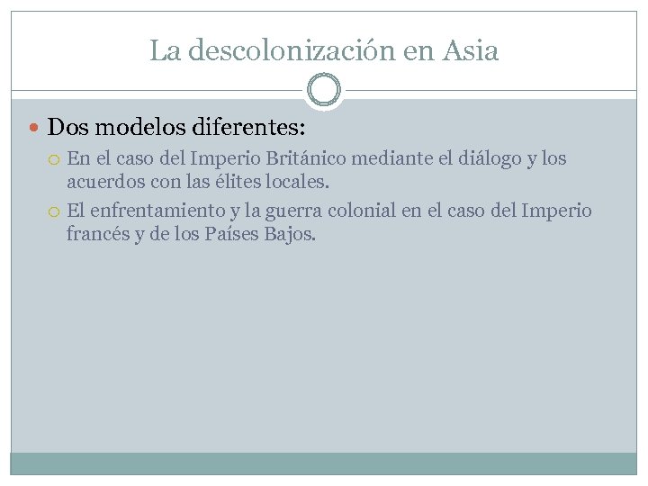 La descolonización en Asia Dos modelos diferentes: En el caso del Imperio Británico mediante