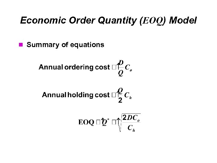 Economic Order Quantity (EOQ) Model Summary of equations 