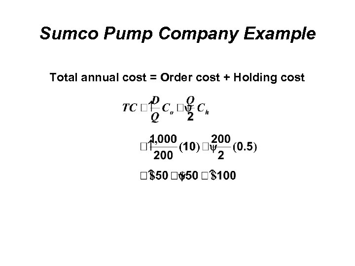 Sumco Pump Company Example Total annual cost = Order cost + Holding cost 