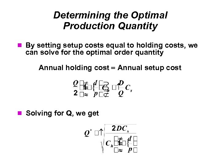 Determining the Optimal Production Quantity By setting setup costs equal to holding costs, we