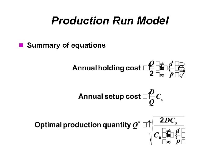 Production Run Model Summary of equations 