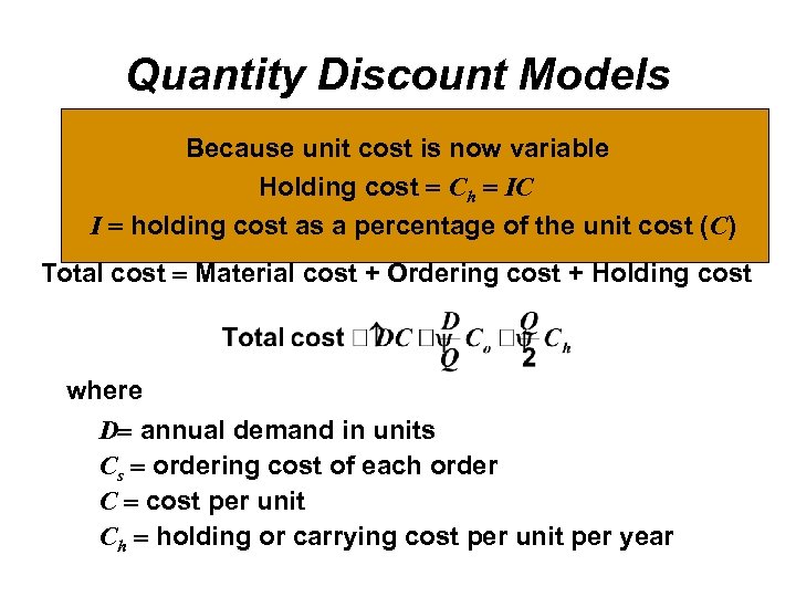 Quantity Discount Models Because unit cost is now variable Quantity discounts are commonly available